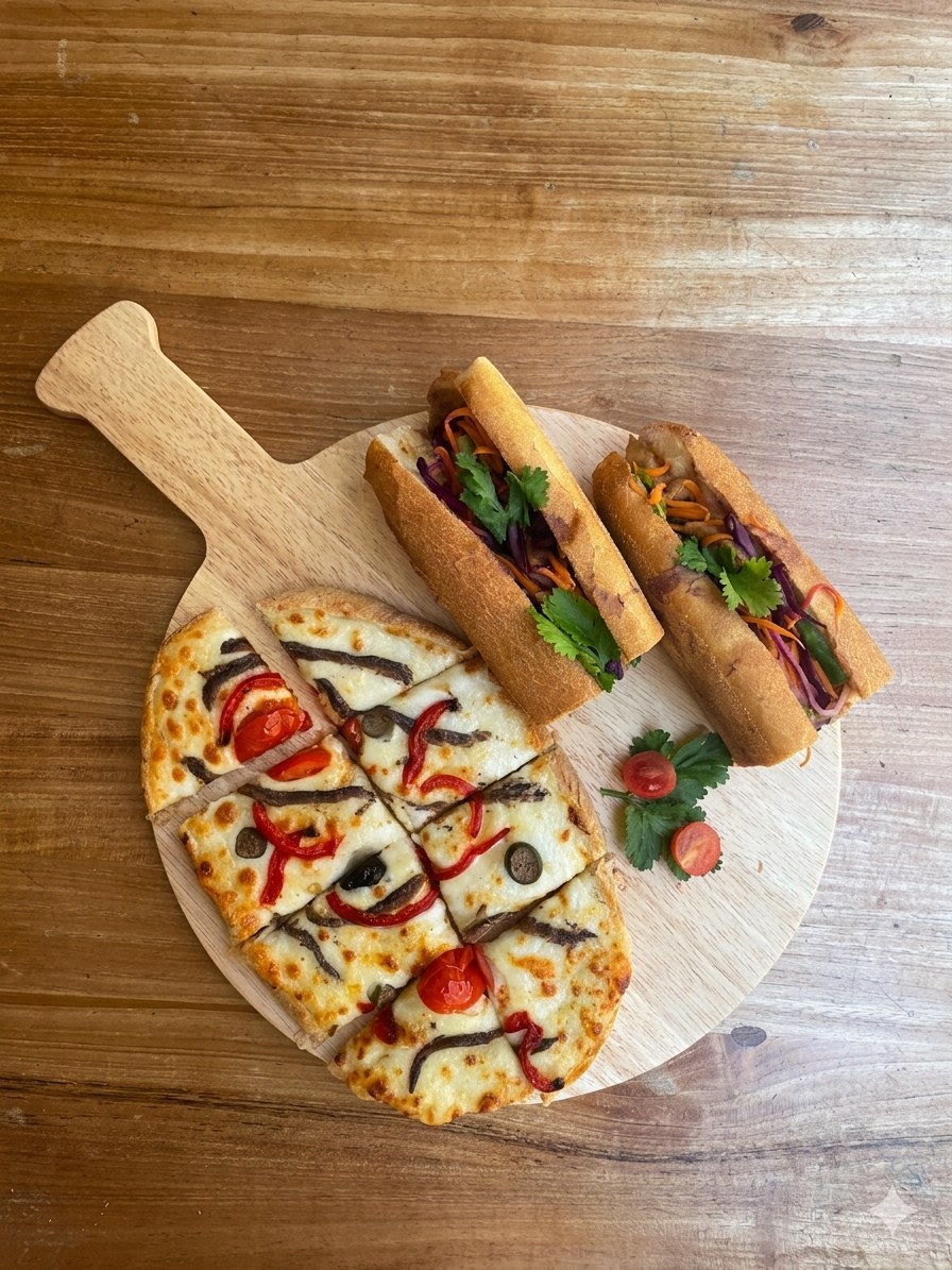 Bruschette maison et banh mì vus du dessus chez Tuk Tuk